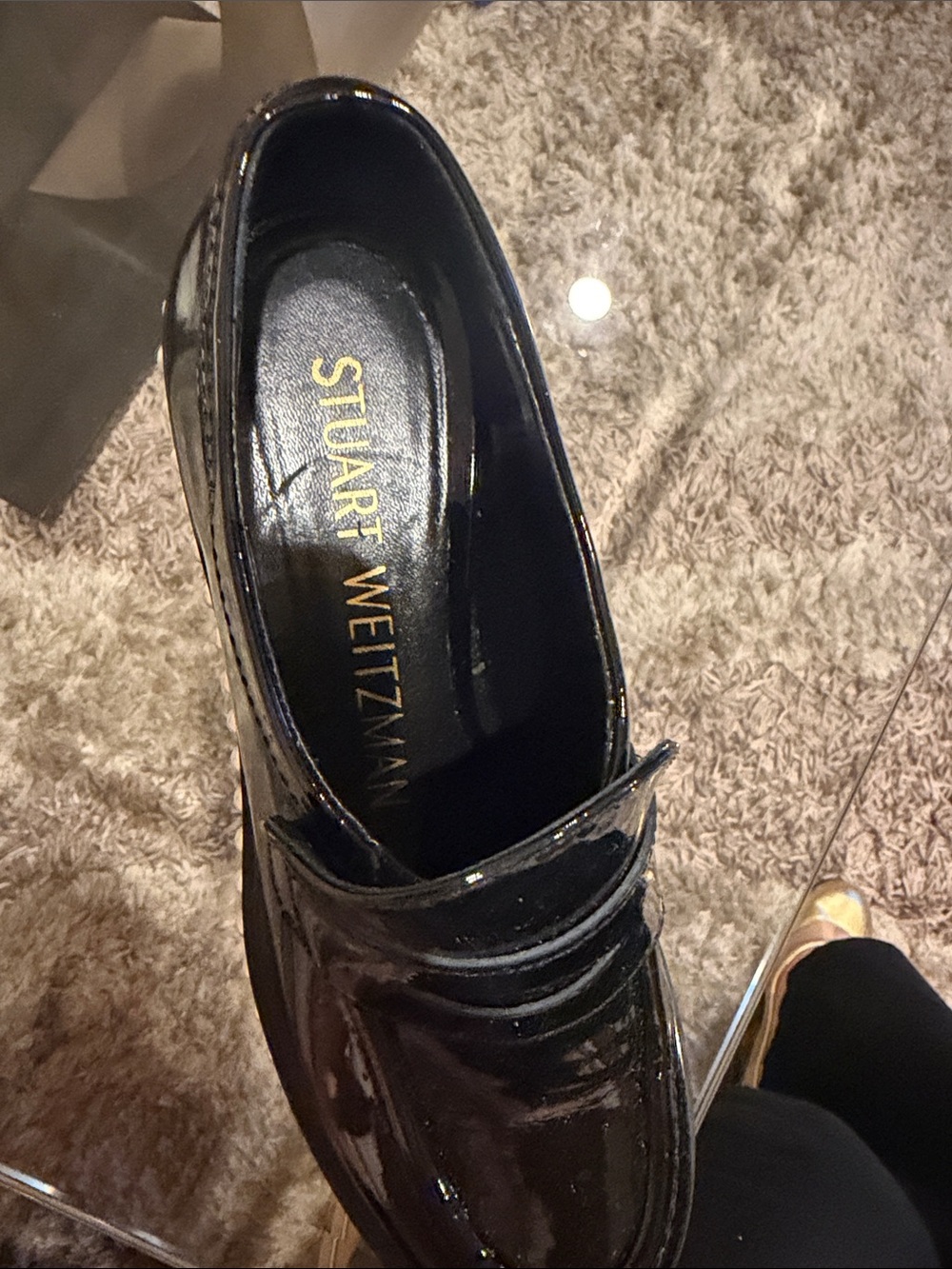 Stuart Weitzman Black Patent Pearl-Trim Lug Loafer - Picture 3 of 4